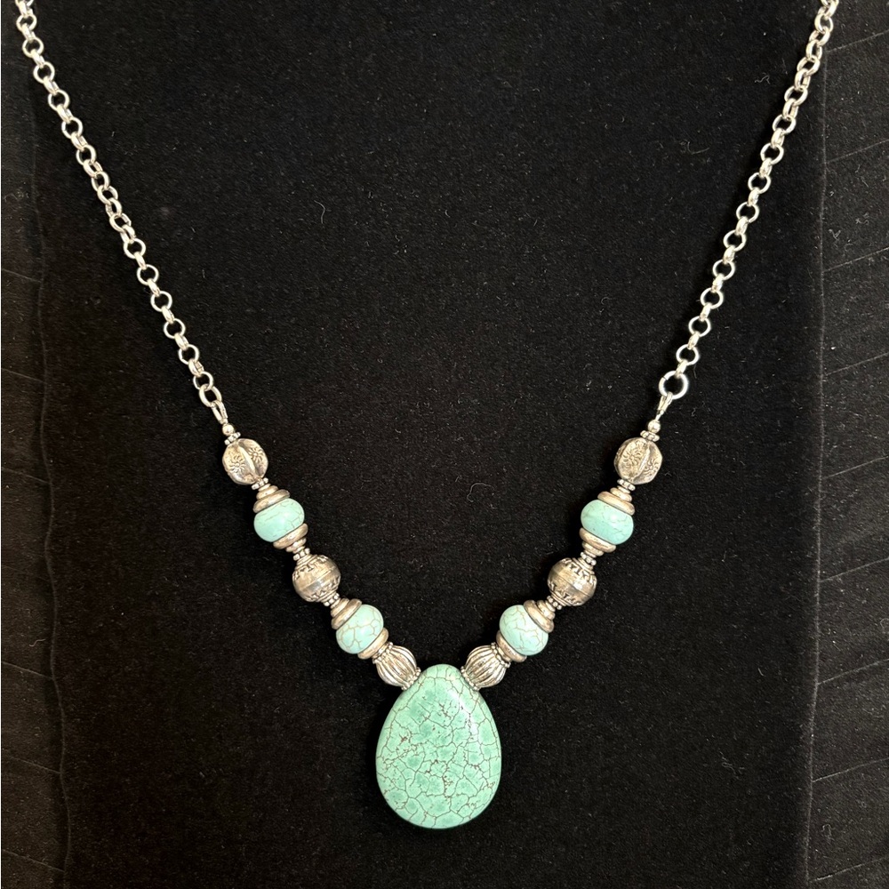 Turquoise and Silver Beaded Necklace Handmade
